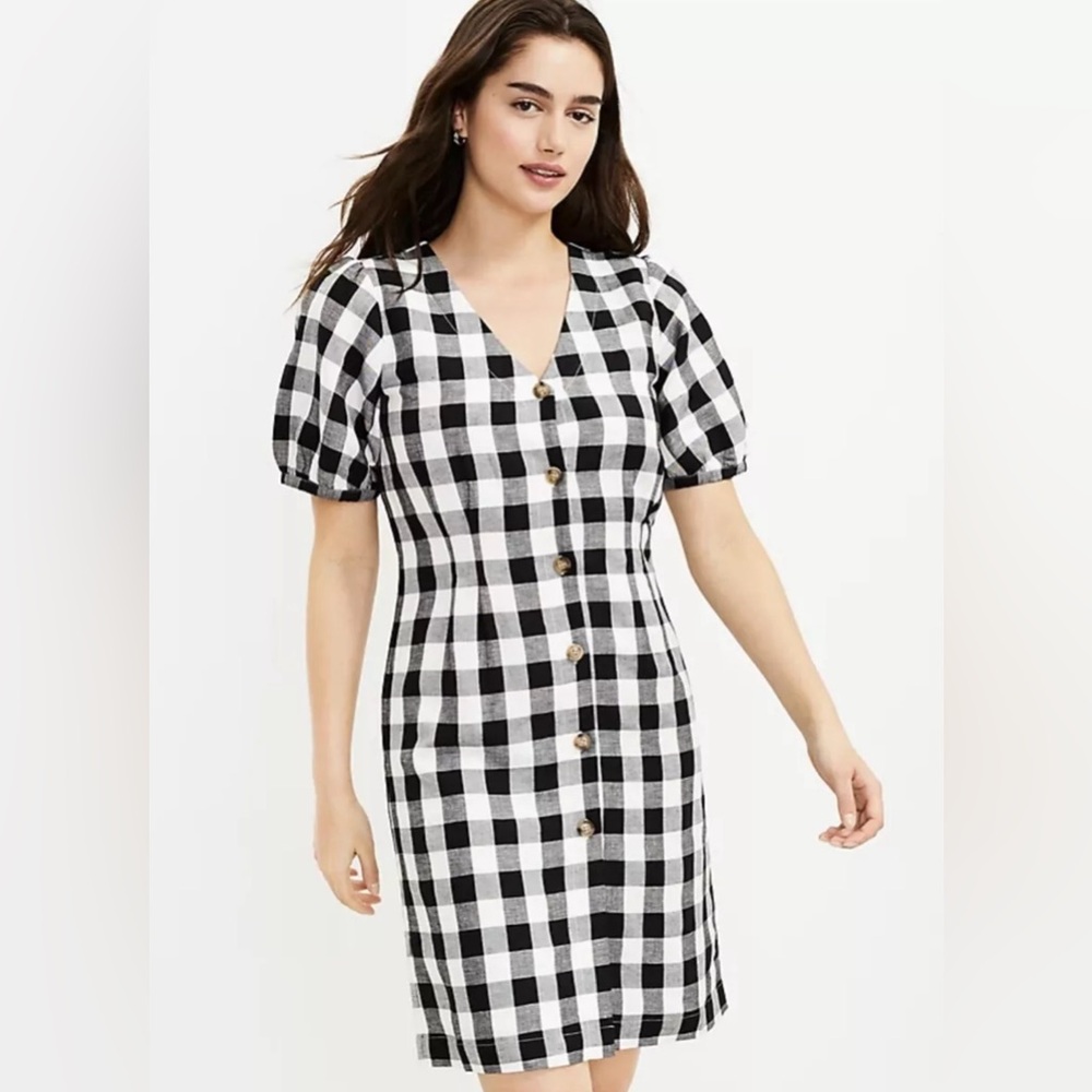 Ann Taylor Loft Womens Gingham Button Dress Size 2 Black White Linen Blend